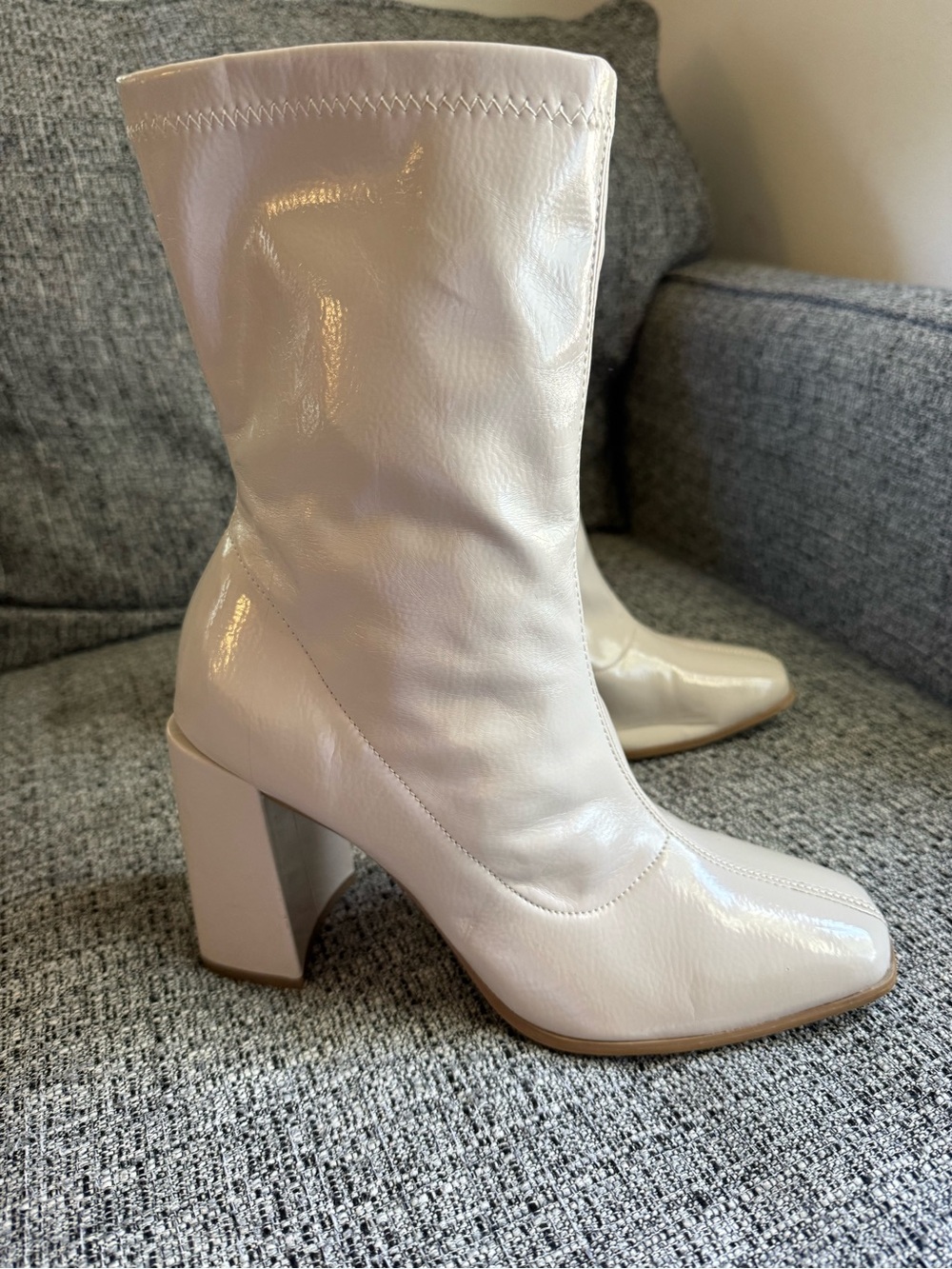 Women's Cream Patent Block Heel Mid-Calf Boots